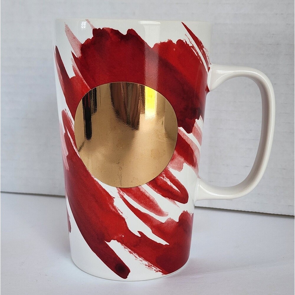 Starbucks 2014 Collection Holiday Mug Gold Dot Red Watercolor Abstract Coffeecup